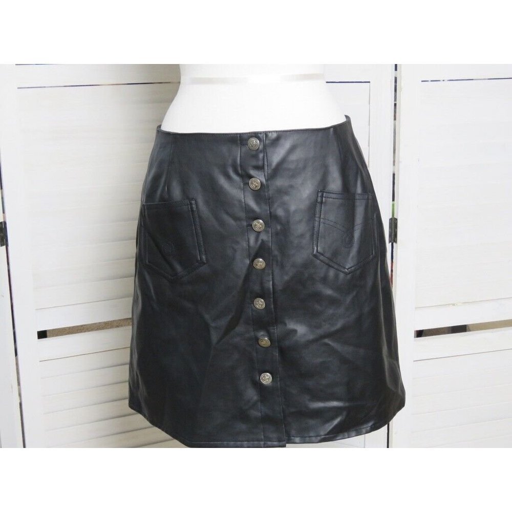 Black Faux Leather A Line Western Skirt Women's 9/10 Pockets Silver Buttons